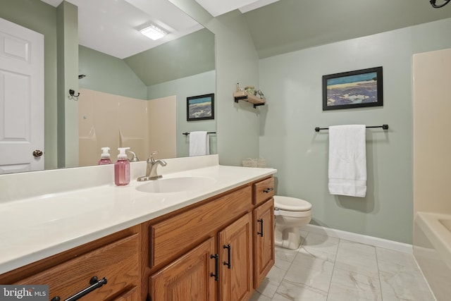 full bath featuring vanity, marble finish floor, walk in shower, baseboards, and toilet