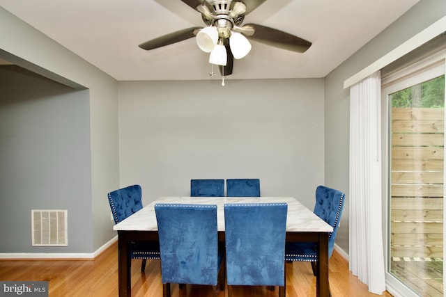dining area featuring ceiling fan, baseboards, visible vents, and wood finished floors