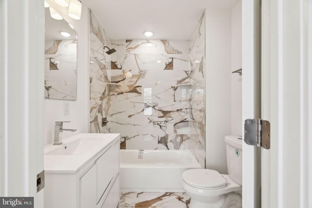full bath with marble finish floor, vanity, shower / bathtub combination, and toilet
