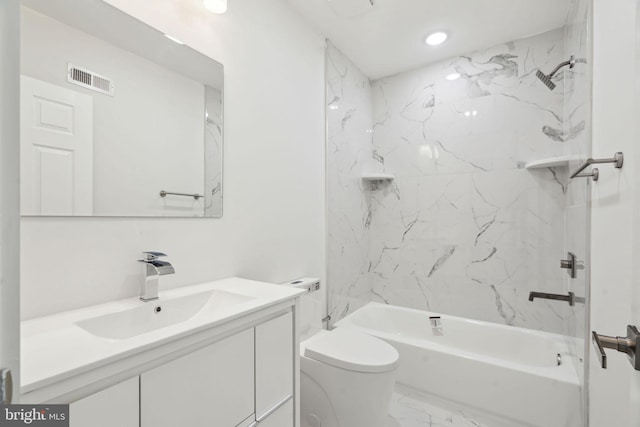 bathroom with toilet, vanity, shower / washtub combination, marble finish floor, and visible vents