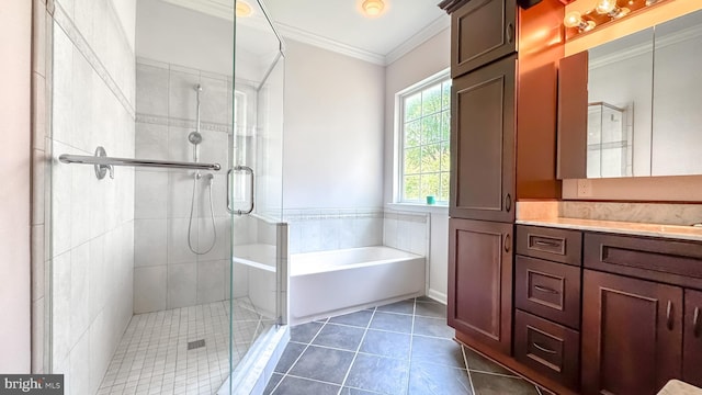 1009 Cadmus Dr, Fredericksburg, VA 22401 - bathroom featuring ornamental molding, vanity, a shower stall, a bath, and tile patterned flooring