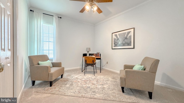 1009 Cadmus Dr, Fredericksburg, VA 22401 - sitting room with carpet flooring, baseboards, ceiling fan, and crown molding
