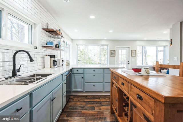 45352 Sypher Rd, California, MD 20619 - kitchen featuring open shelves, dark wood-type flooring, backsplash, a sink, and wood counters