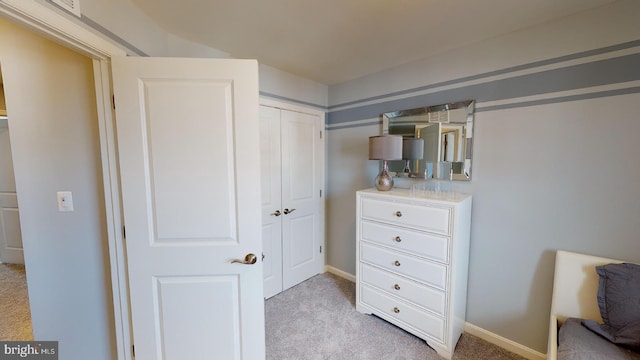 interior space featuring baseboards, a closet, and light carpet