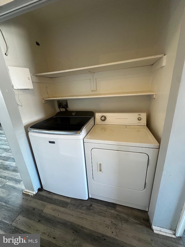 laundry room featuring dark wood-type flooring, laundry area, and separate washer and dryer