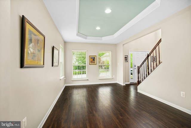 31 Crescent Links Dr, North East, MD 21901 - foyer entrance featuring stairs, ornamental molding, dark wood-type flooring, a raised ceiling, and baseboards