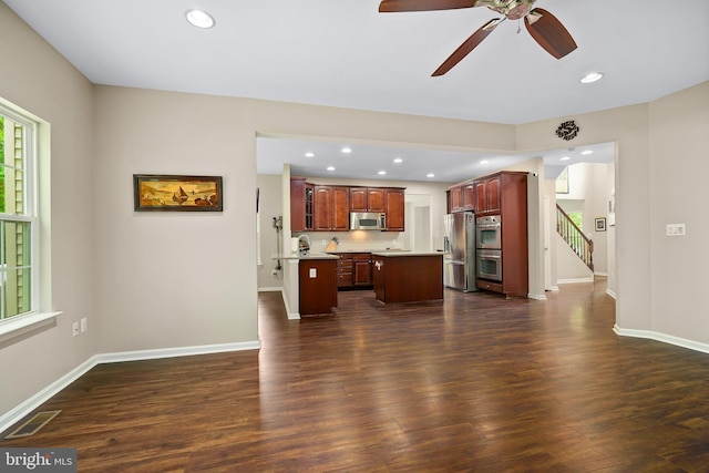 31 Crescent Links Dr, North East, MD 21901 - unfurnished living room with recessed lighting, stairway, dark wood-style flooring, ceiling fan, and baseboards
