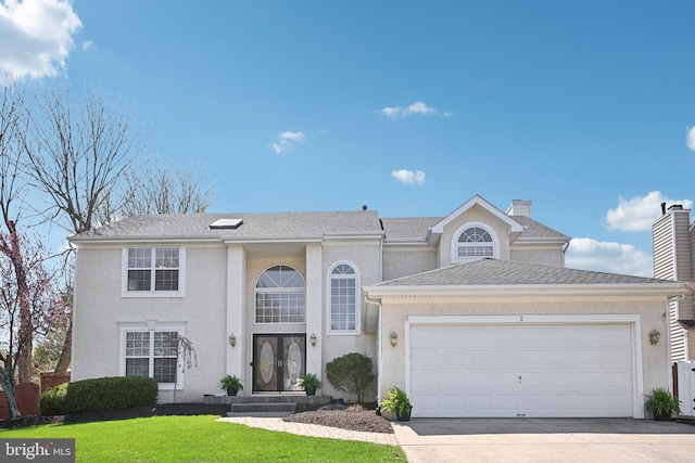 view of front of property with concrete driveway, stucco siding, a chimney, a garage, and a shingled roof