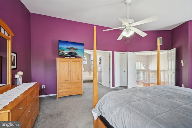 carpeted bedroom with ceiling fan and baseboards