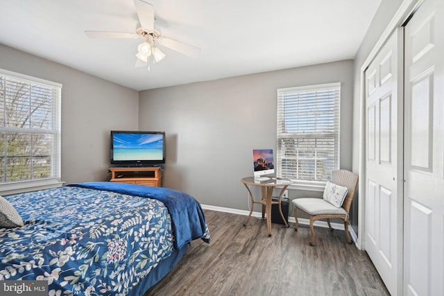 bedroom featuring a closet, multiple windows, baseboards, and wood finished floors