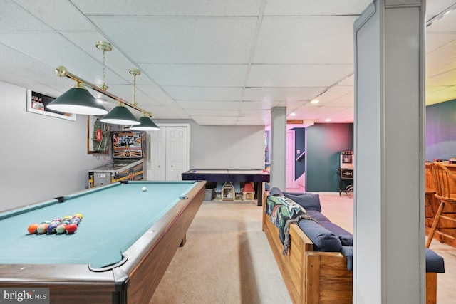 playroom with carpet flooring, pool table, and a drop ceiling
