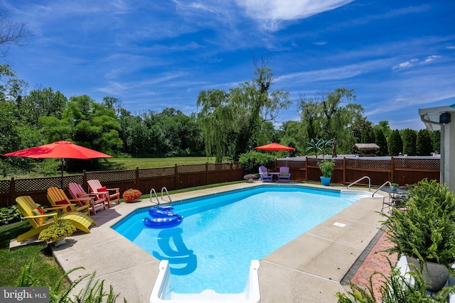 view of swimming pool with a fenced in pool, a patio area, and a fenced backyard