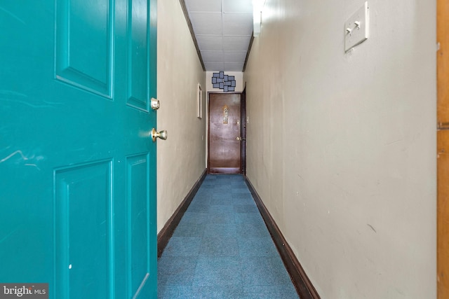 hall with baseboards and a paneled ceiling