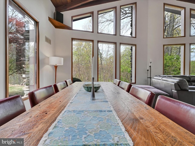 dining room featuring high vaulted ceiling and visible vents