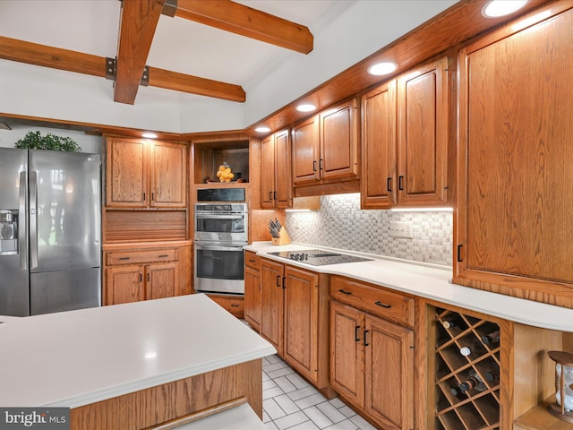 kitchen featuring open shelves, decorative backsplash, beam ceiling, light countertops, and appliances with stainless steel finishes