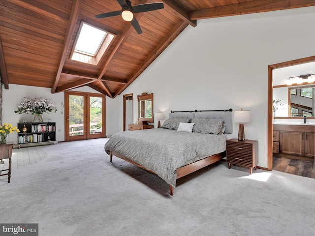 bedroom featuring access to outside, high vaulted ceiling, beam ceiling, and carpet