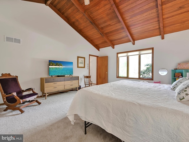 bedroom with wood ceiling, visible vents, beam ceiling, high vaulted ceiling, and carpet