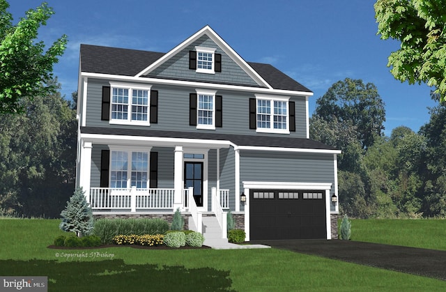 view of front facade featuring a front lawn, covered porch, an attached garage, and aphalt driveway