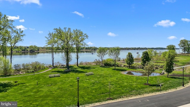 view of home's community featuring a water view and a yard