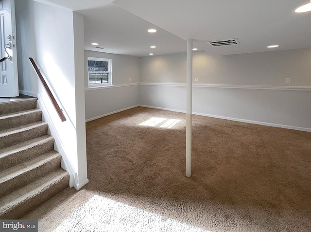 12702 Applecross Dr, Clinton, MD 20735 - below grade area with carpet flooring, visible vents, baseboards, stairs, and recessed lighting
