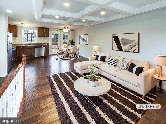12702 Applecross Dr, Clinton, MD 20735 - living area with coffered ceiling, recessed lighting, dark wood finished floors, beam ceiling, and a ceiling fan