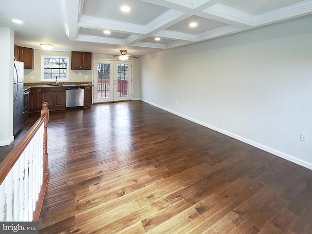 12702 Applecross Dr, Clinton, MD 20735 - kitchen featuring dark wood-style flooring, baseboards, ceiling fan, appliances with stainless steel finishes, and coffered ceiling