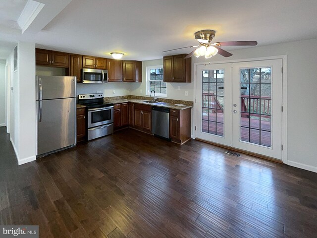 12702 Applecross Dr, Clinton, MD 20735 - kitchen featuring a sink, french doors, stainless steel appliances, ceiling fan, and dark wood-type flooring