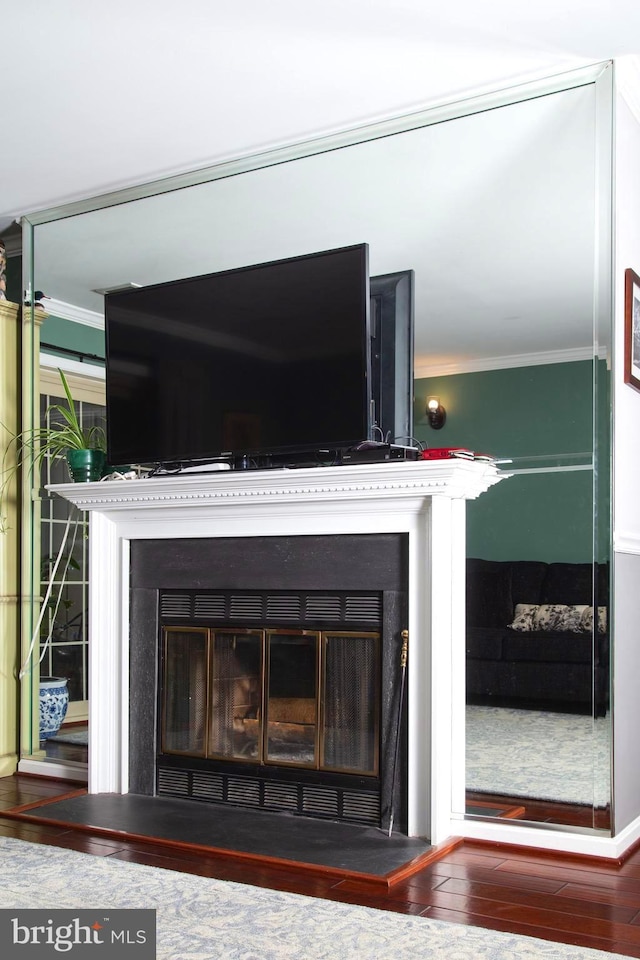 details with wood finished floors, a fireplace with raised hearth, and crown molding