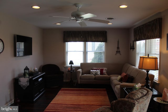 197 Parkwood Dr Unit 320, Chambersburg, PA 17201 - living area featuring dark wood-style floors, visible vents, recessed lighting, and a ceiling fan