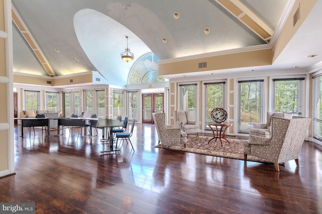 living room featuring high vaulted ceiling, visible vents, and hardwood / wood-style flooring