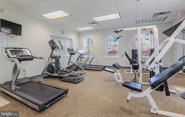 workout area with a paneled ceiling, visible vents, baseboards, and carpet