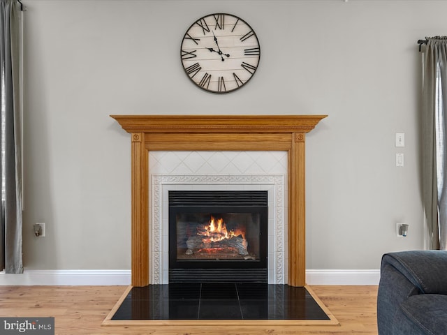 details with wood finished floors, baseboards, and a fireplace