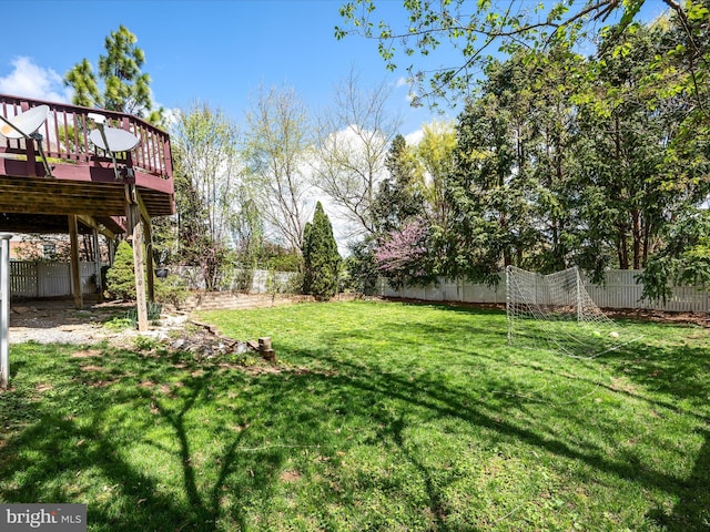 view of yard featuring a fenced backyard and a deck