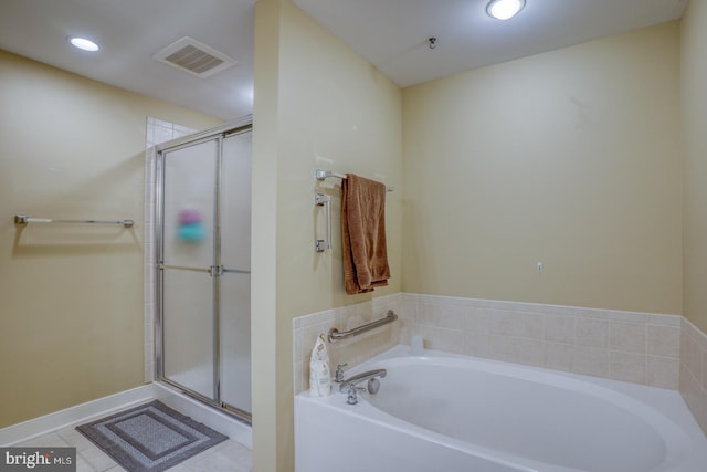 full bathroom with visible vents, a stall shower, a garden tub, and recessed lighting