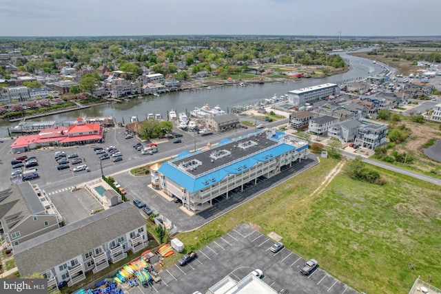 drone / aerial view with a water view