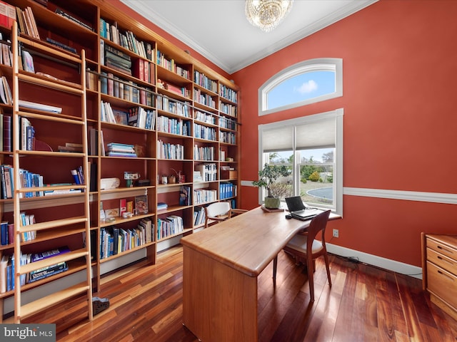 32828 Murray Rd, Frankford, DE 19945 - office featuring crown molding, wood finished floors, bookshelves, baseboards, and an inviting chandelier