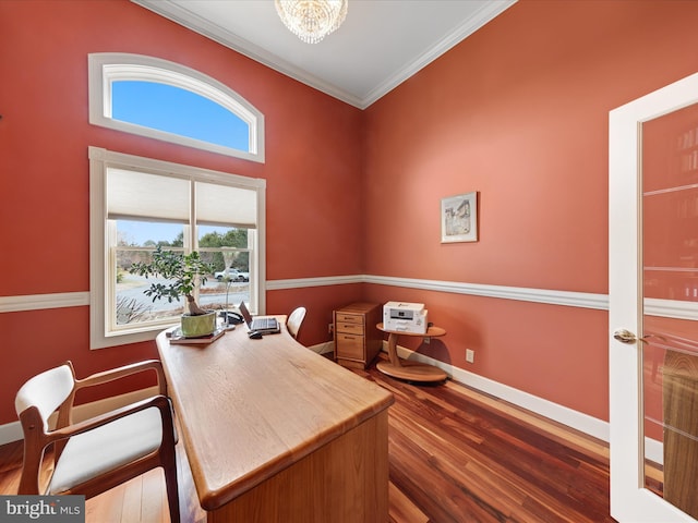 32828 Murray Rd, Frankford, DE 19945 - office featuring baseboards, a notable chandelier, wood finished floors, and crown molding