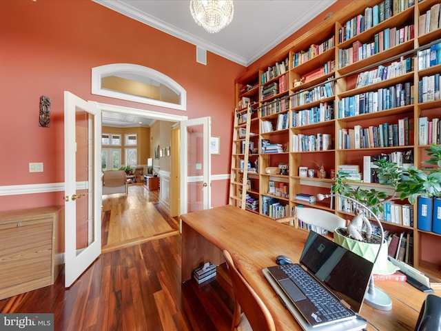 32828 Murray Rd, Frankford, DE 19945 - home office with french doors, crown molding, a chandelier, and wood finished floors