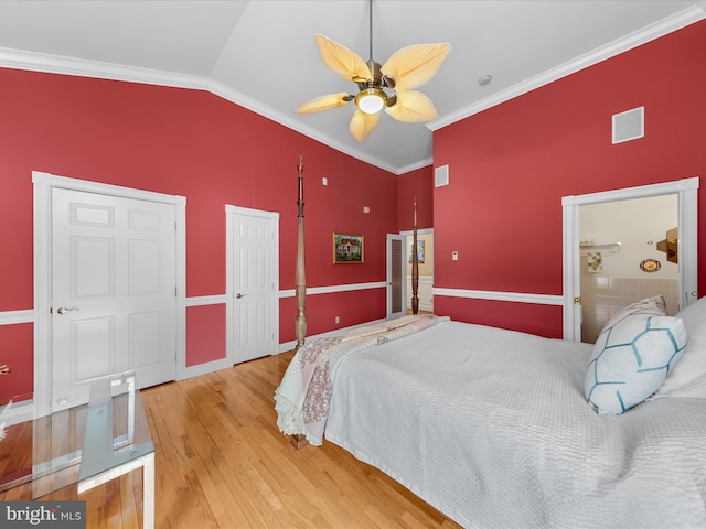 32828 Murray Rd, Frankford, DE 19945 - bedroom with crown molding, wood finished floors, lofted ceiling, visible vents, and ceiling fan
