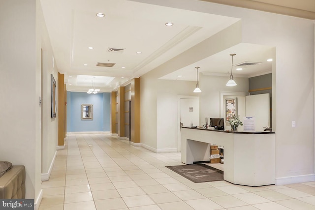 414 Water St Unit 1802, Baltimore, MD 21202 - kitchen featuring visible vents, crown molding, recessed lighting, a raised ceiling, and light tile patterned floors