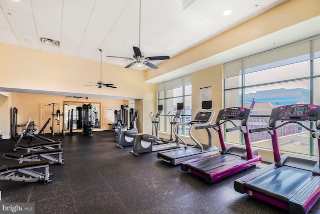 414 Water St Unit 1802, Baltimore, MD 21202 - exercise room with a paneled ceiling, ceiling fan, and visible vents
