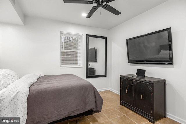 bedroom with recessed lighting, tile patterned floors, baseboards, and ceiling fan