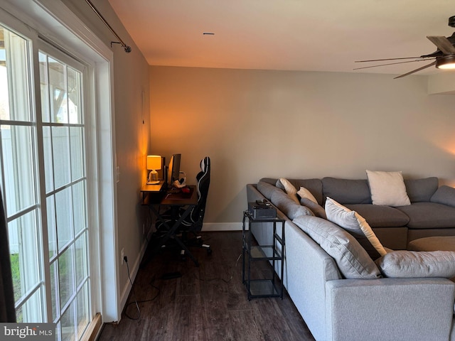 8676 Underhill Ln, Manassas, VA 20112 - living room with a ceiling fan, baseboards, and dark wood finished floors