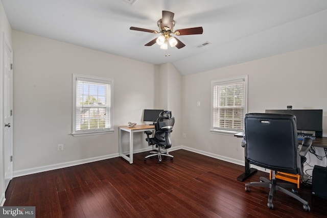 office space with ceiling fan, baseboards, hardwood / wood-style floors, and visible vents