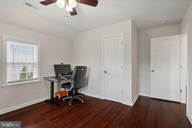 office space with hardwood / wood-style flooring, ceiling fan, baseboards, and visible vents