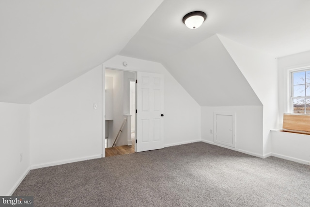 additional living space featuring baseboards, lofted ceiling, and carpet floors