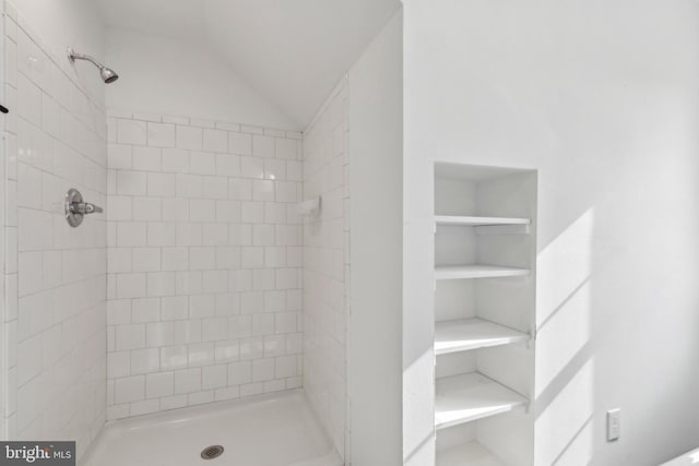bathroom with vaulted ceiling and a shower stall