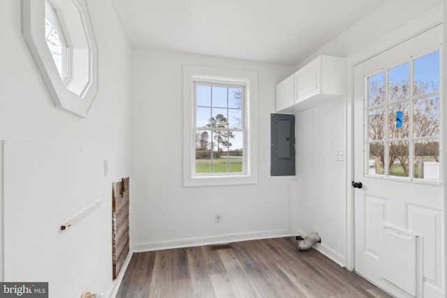 interior space featuring wood finished floors, visible vents, baseboards, and electric panel