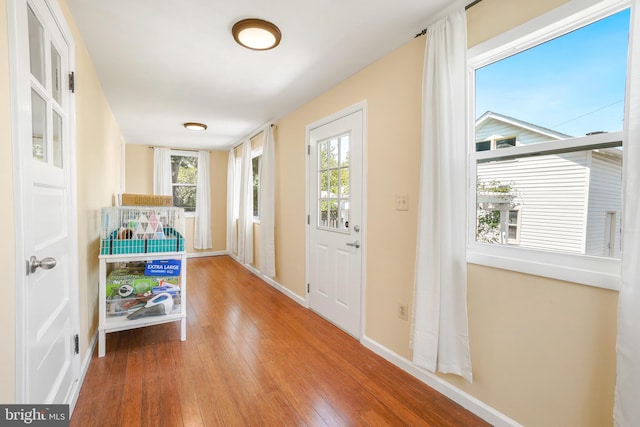 entryway with baseboards and hardwood / wood-style flooring