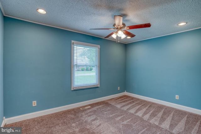unfurnished room with a textured ceiling, a ceiling fan, carpet flooring, baseboards, and recessed lighting
